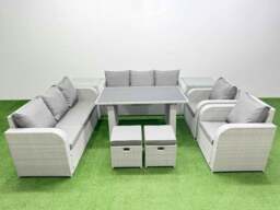Rackhams 10 Seater Wicker PE Rattan Furniture Outdoor Dining Table 3 Seater Sofa Reclining Chair Set with 2 Side Tables 2 Small Stools Light Grey - thumbnail 1