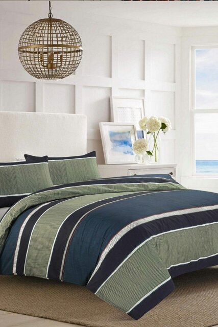 Rackhams Nate Block Stripe Duvet Cover Set Olive Gree/ Navy Blue Bedding Modern - Green - King - image 1