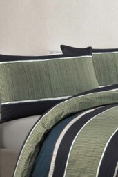 Rackhams Nate Block Stripe Duvet Cover Set Olive Gree/ Navy Blue Bedding Modern - Green - King - thumbnail 2