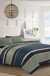 Rackhams Nate Block Stripe Duvet Cover Set Olive Gree/ Navy Blue Bedding Modern - Green - King - thumbnail 1