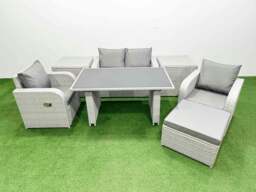 Rackhams Outdoor Rattan Garden Furniture Dining Set 5 seater Patio Rectangular Table Love Sofa Reclining Chair Set with 2 Side Tables Big Stool - thumbnail 1