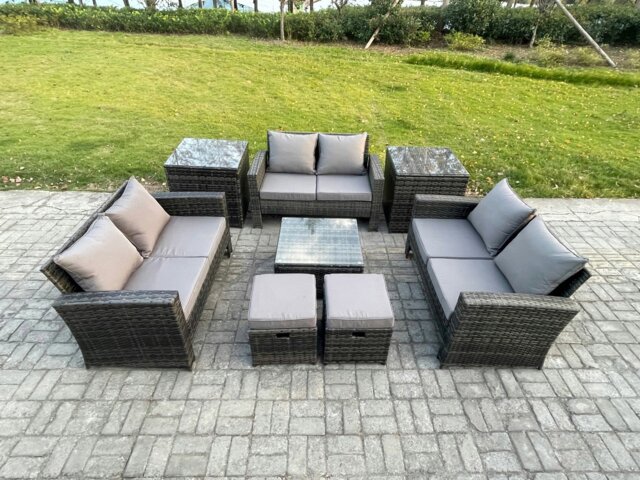 Rackhams Outdoor Lounge Sofa Set - Dark Grey Mixed PE Wicker Rattan Garden Furniture with Square Coffee Table & 2 Small Footstools - image 1