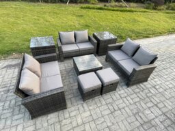 Rackhams Outdoor Lounge Sofa Set - Dark Grey Mixed PE Wicker Rattan Garden Furniture with Square Coffee Table & 2 Small Footstools - thumbnail 2