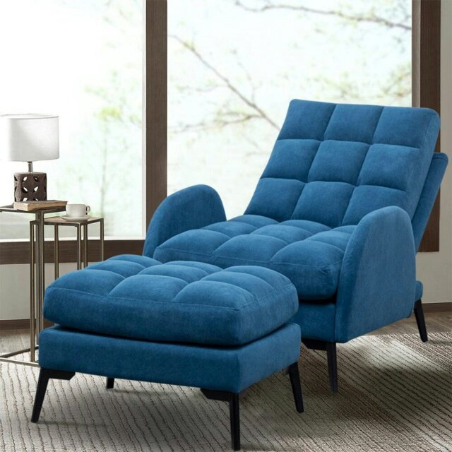 Rackhams Upholstered Adjustable Backrest Velvet Sleeper Recliner Come with Ottoman - Blue - image 1