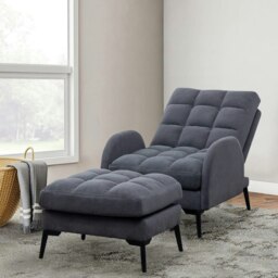 Rackhams Upholstered Adjustable Backrest Velvet Sleeper Recliner Come with Ottoman - Blue - thumbnail 6