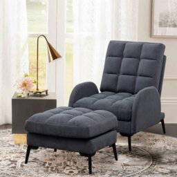 Rackhams Upholstered Adjustable Backrest Velvet Sleeper Recliner Come with Ottoman - Blue - thumbnail 3