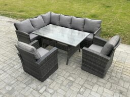 Rackhams 8 Seater Outdoor Rattan Garden Furniture Set with Rectangular Dining Table 2 Armchairs Patio Wicker Corner Sofa Set Dark Grey Mixed - thumbnail 1