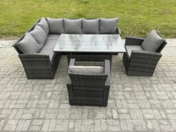Rackhams 8 Seater Outdoor Rattan Garden Furniture Set with Rectangular Dining Table 2 Armchairs Patio Wicker Corner Sofa Set Dark Grey Mixed - thumbnail 2
