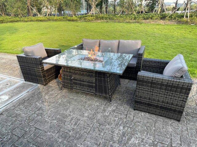 Rackhams PE Wicker 5 Seater Rattan Garden Furniture Gas Fire Pit Table Gas Heater Sets Lounge Sofa Set With Chair Clear Tempered Glass - image 1