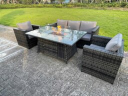 Rackhams PE Wicker 5 Seater Rattan Garden Furniture Gas Fire Pit Table Gas Heater Sets Lounge Sofa Set With Chair Clear Tempered Glass - thumbnail 3