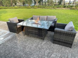 Rackhams PE Wicker 5 Seater Rattan Garden Furniture Gas Fire Pit Table Gas Heater Sets Lounge Sofa Set With Chair Clear Tempered Glass - thumbnail 1