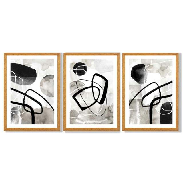 Rackhams Set of 3 Abstract Black Grey Watercolour Framed Wall Art - 50x70cm - Oak - image 1