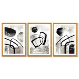 Rackhams Set of 3 Abstract Black Grey Watercolour Framed Wall Art - 50x70cm - Oak - thumbnail 1
