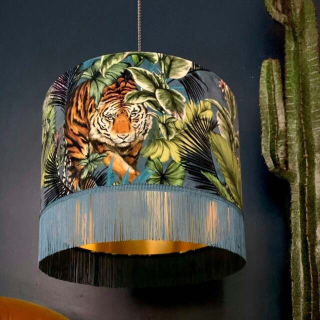 "Rackhams Big Cat Velvet Lampshade With Gold Lining and Fringing in Flint Blue - Ceiling Pendant / Arc Lamp - 35cm Diameter x 25cm Height (14"" x 10"")" - image 1