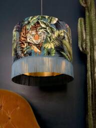 "Rackhams Big Cat Velvet Lampshade With Gold Lining and Fringing in Flint Blue - Ceiling Pendant / Arc Lamp - 35cm Diameter x 25cm Height (14"" x 10"")" - thumbnail 5