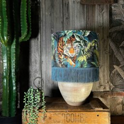 "Rackhams Big Cat Velvet Lampshade With Gold Lining and Fringing in Flint Blue - Ceiling Pendant / Arc Lamp - 35cm Diameter x 25cm Height (14"" x 10"")" - thumbnail 2
