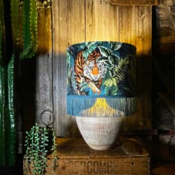"Rackhams Big Cat Velvet Lampshade With Gold Lining and Fringing in Flint Blue - Ceiling Pendant / Arc Lamp - 35cm Diameter x 25cm Height (14"" x 10"")" - thumbnail 3