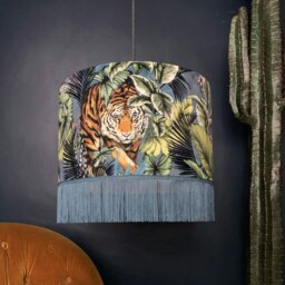 "Rackhams Big Cat Velvet Lampshade With Gold Lining and Fringing in Flint Blue - Ceiling Pendant / Arc Lamp - 35cm Diameter x 25cm Height (14"" x 10"")" - thumbnail 4