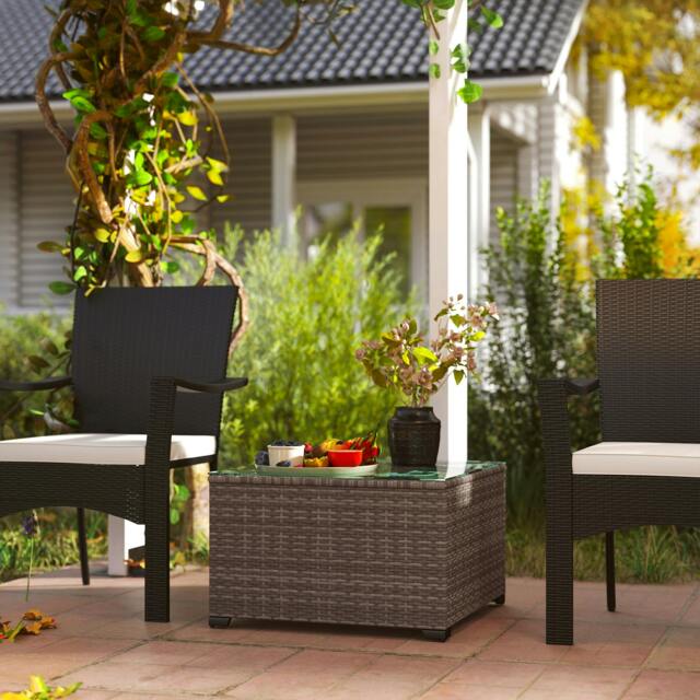 Rackhams Outdoor Coffee Table with Glass Top, Rattan Side Table, Dark Grey - Dark Grey - image 1
