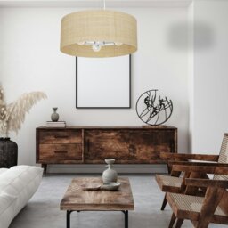 Rackhams Marshall Hand Made Designer Pendant Lamp In Matt White Metal And Natural Rattan Coloured Fabric - thumbnail 5