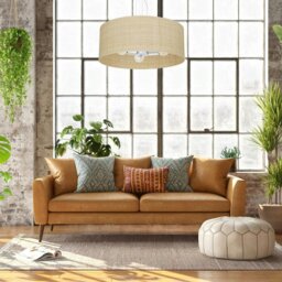 Rackhams Marshall Hand Made Designer Pendant Lamp In Matt White Metal And Natural Rattan Coloured Fabric