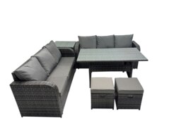 Rackhams 8 Seat Outdoor Wicker PE Rattan Garden Furniture Set Dining Table Sofa Set with Side Table 2 Small Stools Dark Grey Mixed - thumbnail 1