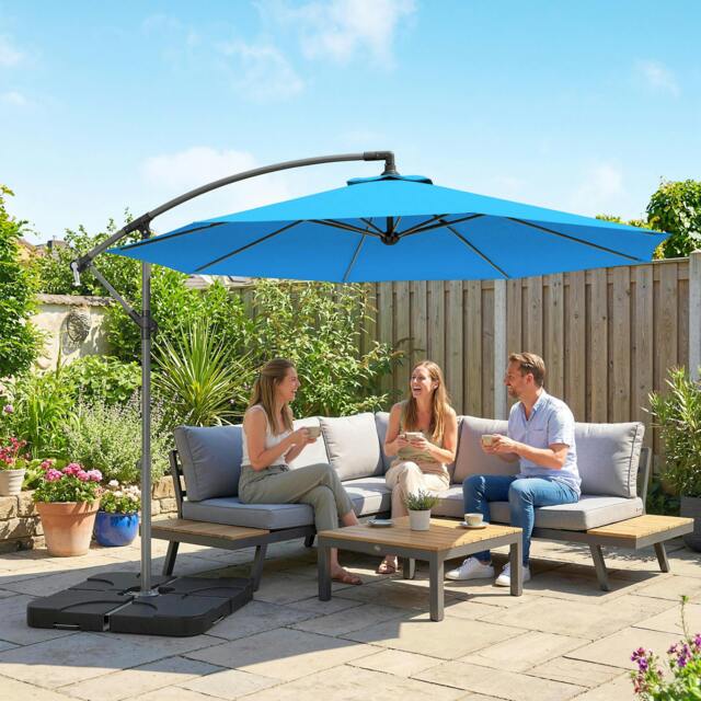 Rackhams 3(m) Banana Parasol Cantilever Umbrella Garden w/ Base Weights - Blue - Modern - Cantilever Parasol