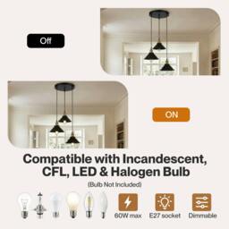 Rackhams Pendant Light 3 Lights Height Adjustable Vintage Ceiling Light Black - thumbnail 6