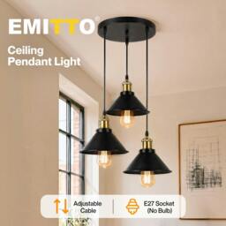 Rackhams Pendant Light 3 Lights Height Adjustable Vintage Ceiling Light Black - thumbnail 2