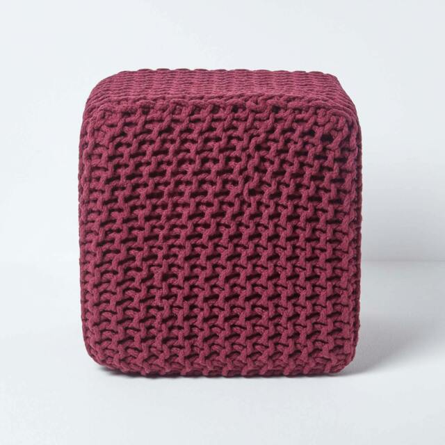 Rackhams Cube Cotton Knitted Pouffe Footstool Bean Filled Hand Knitted - Plum - image 1