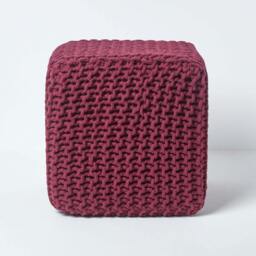 Rackhams Cube Cotton Knitted Pouffe Footstool Bean Filled Hand Knitted - Plum - thumbnail 1