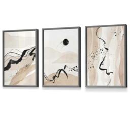 Rackhams Set of 3 Abstract Beige and Black Landscape Wall Art Prints / Framed - 30x42cm (A3) - Dark Grey - thumbnail 1