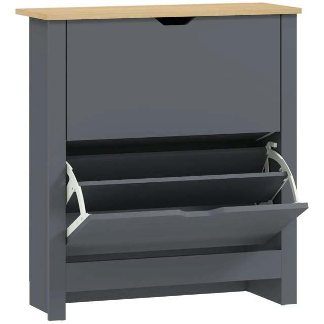Rackhams Slim Shoe Cabinet, Narrow Shoe Cupboard with 2 Flip Drawers, Adjustable Shelves for 12 Pairs of Shoes, Charcoal Grey