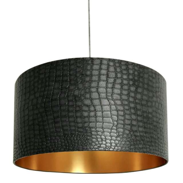 "Rackhams Black Mock Crocodile Print Lampshade with Gold Lining - Ceiling Pendant / Arc Lamp - 70cm Diameter x 30cm Height / (27"" x 12"")" - image 1