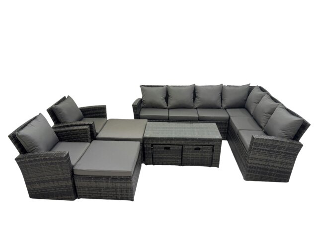 Rackhams Rattan Garden Furniture Set 9 Pieces Outdoor Garden Sofa Oblong Coffee Table Set with Chair 4 Footstools Dark Grey Mixed - image 1