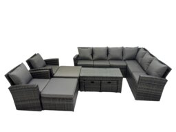 Rackhams Rattan Garden Furniture Set 9 Pieces Outdoor Garden Sofa Oblong Coffee Table Set with Chair 4 Footstools Dark Grey Mixed - thumbnail 1