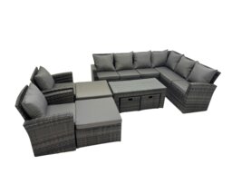 Rackhams Rattan Garden Furniture Set 9 Pieces Outdoor Garden Sofa Oblong Coffee Table Set with Chair 4 Footstools Dark Grey Mixed - thumbnail 2