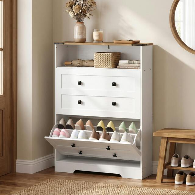 Rackhams Narrow Shoe Cabinet, Shoe Storage Cabinet with 2 Flip Drawers, White - image 1