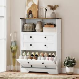 Rackhams Narrow Shoe Cabinet, Shoe Storage Cabinet with 2 Flip Drawers, White - thumbnail 2