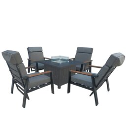 Rackhams Outdoor Aluminium Patio 5 Piece Dining Set, 4 Seater Garden Furniture Set with Firepit Table, Padded Armchair & Thick Cushions - Recliner Chair - thumbnail 1