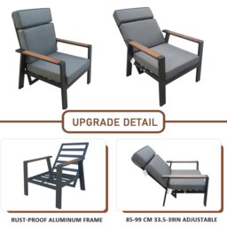 Rackhams Outdoor Aluminium Patio 5 Piece Dining Set, 4 Seater Garden Furniture Set with Firepit Table, Padded Armchair & Thick Cushions - Recliner Chair - thumbnail 5
