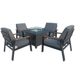 Rackhams Outdoor Aluminium Patio 5 Piece Dining Set, 4 Seater Garden Furniture Set with Firepit Table, Padded Armchair & Thick Cushions - Recliner Chair - thumbnail 2