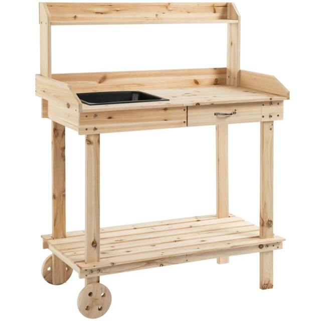 Rackhams Garden Potting Bench Table, Wooden Work Station, Outdoor Planting Workbench with 2 Wheels, Sink, Drawer & Large Storage Spaces, 92x45x119cm - image 1