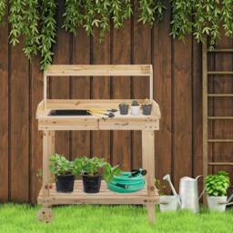 Rackhams Garden Potting Bench Table, Wooden Work Station, Outdoor Planting Workbench with 2 Wheels, Sink, Drawer & Large Storage Spaces, 92x45x119cm - thumbnail 2