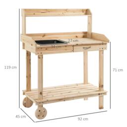 Rackhams Garden Potting Bench Table, Wooden Work Station, Outdoor Planting Workbench with 2 Wheels, Sink, Drawer & Large Storage Spaces, 92x45x119cm - thumbnail 3