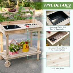 Rackhams Garden Potting Bench Table, Wooden Work Station, Outdoor Planting Workbench with 2 Wheels, Sink, Drawer & Large Storage Spaces, 92x45x119cm - thumbnail 5