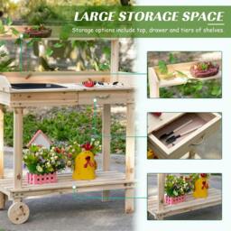 Rackhams Garden Potting Bench Table, Wooden Work Station, Outdoor Planting Workbench with 2 Wheels, Sink, Drawer & Large Storage Spaces, 92x45x119cm - thumbnail 6