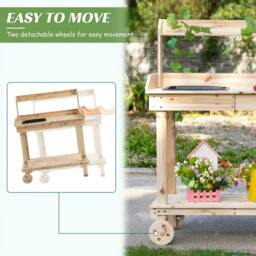 Rackhams Garden Potting Bench Table, Wooden Work Station, Outdoor Planting Workbench with 2 Wheels, Sink, Drawer & Large Storage Spaces, 92x45x119cm - thumbnail 4