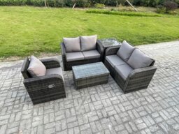 Rackhams High Back Rattan Garden Lounge Set - Dark Grey Mixed Indoor/Outdoor Patio Sofa with Loveseat, Rectangular Coffee Table & Side Table - thumbnail 2