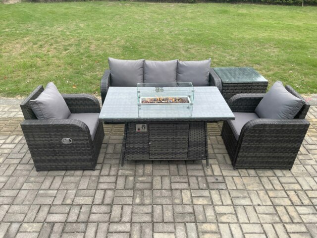 Rackhams Outdoor Rattan Garden Furniture Set Propane Gas Fire Pit Table Burner with Lounge Sofa Side Table - image 1